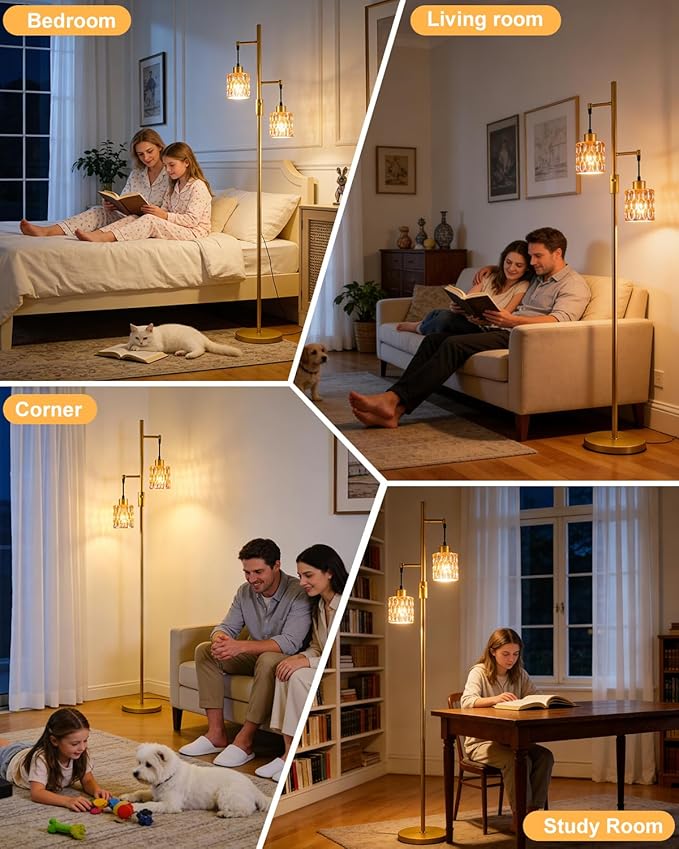 2-Light Gold Floor Lamp, 65IN Tall Standing Lamps Dimmable with Amber Glass Lampshade, 3000K Warmwhite Mid Century Modern Floor Lamp for Living Room/Bedroom