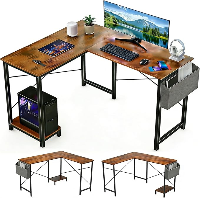 L-Shaped Corner Home Office Computer Desk, Gaming Desk with CPU Stand Shelf and Hanging Storage Pocket, Student Study Writing Table, Sturdy Metal Frame, 43.3" D x 50" W, Rustic Brown