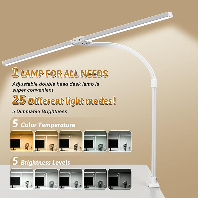 LED Desk Lamp for Office Dorm Home - Eye Caring Desk Light with Timer, Remote Control 24W Brightest Dual Screen Computer Monitor Gooseneck Dimmable Table lamp with Anti-Glare Cover Clamp & Base