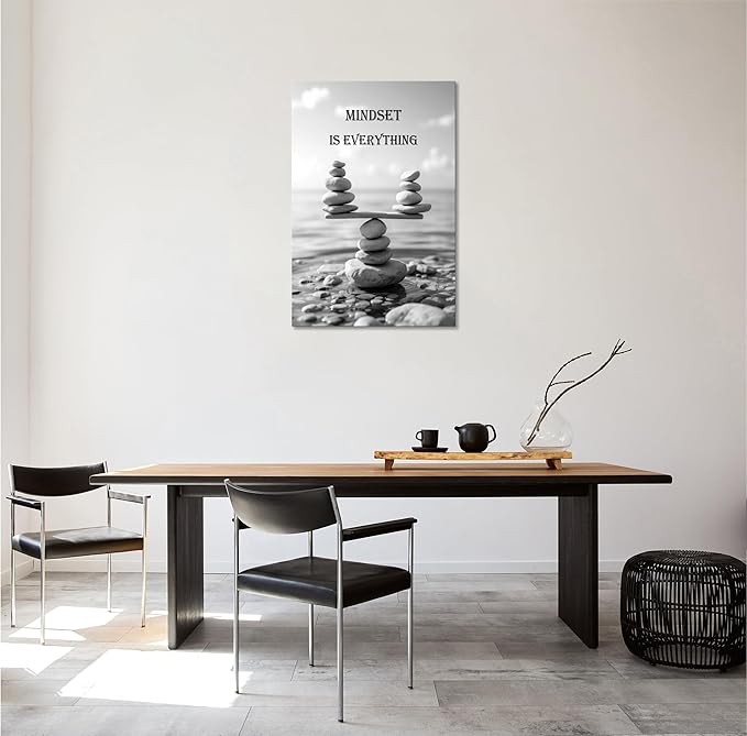 YIOZHAOFH Mindset Wall Art for Zen Office Inspirational Pictures Wall Decor Motivational Quotes Canvas Art Black and White Landscape Nature Print Poster Painting Framed for Meditation Spa Room Bedroom (28L x 44W)