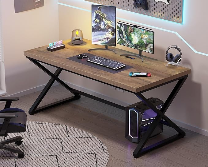 IBF Rustic Computer Desk, Modern Metal Home Office Desk, Farmhouse Work Study Writing Desk in Bedroom, Minimalist Wood Laptop Executive Workstation Computer PC Gaming Table, Rustic Oak, 55 in