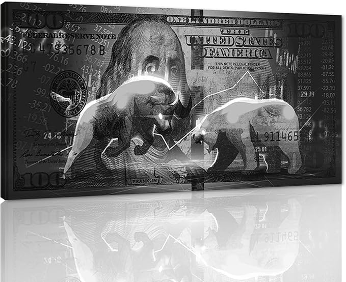 Wall Street Charging Bull Bear Canvas Paintings 100 Dollar Bill Money Poster Wall Art Picture Office Wooden Framed Easy and Ready to Hang-48 inch x 24 inch
