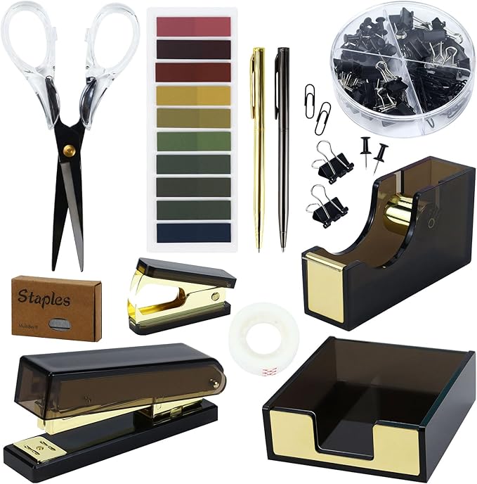 MultiBey Black Gold Acrylic Sticky Notes Holder Stapler and Tape Dispenser Cutter with Sticky Notes, 950 Staples & Tape, Staple Remover, Scissor, Ballpoint Pen, Paper Clips Set for Women Office Home
