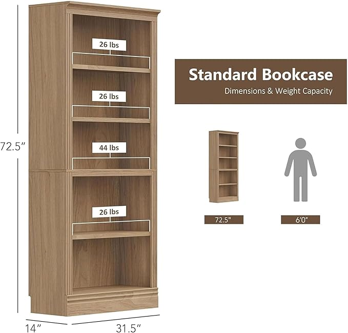 JAHRSTIM Halston Standard Bookcase, Adjustable Storage Open Display Shelving Unit for Home and Office Space, 31.49”L x 13.77”W x 72.8”H, Oak