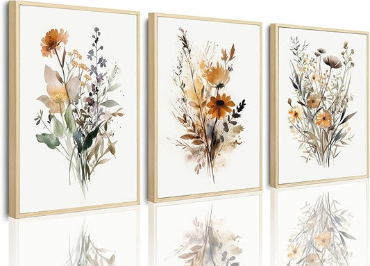 Bwodke Wildflower Poster Watercolor Botanical Floral Wall Art Colorful Canvas Prints Set of 3 Modern Minimalist Pictures Decor Painting Bedroom Bathroom Living Room Unframed 12"x16"