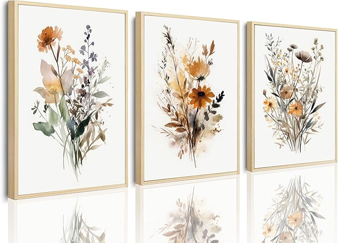 Bwodke Wildflower Poster Watercolor Botanical Floral Wall Art Colorful Canvas Prints Set of 3 Modern Minimalist Pictures Decor Painting Bedroom Bathroom Living Room Unframed 16"x24"