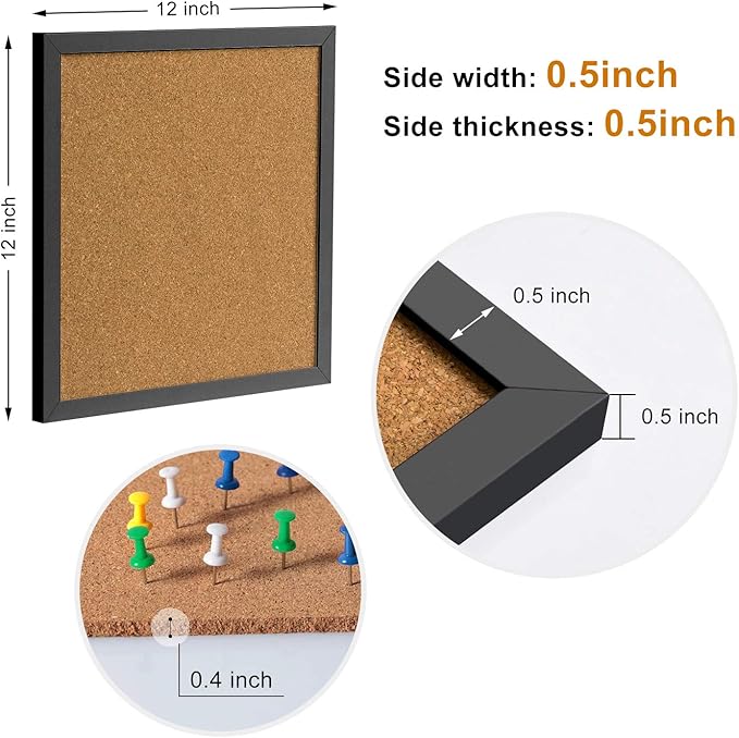 AkTop Cork Board Bulletin Board 12x12, Black Framed Corkboard 4 Pack, Small Square Pin Board for Wall, Mini Thick Cork Tiles with 16 Push Pin Wood Clips for School, Home & Office