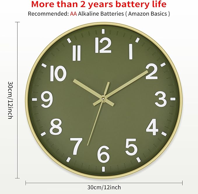 Foxtop Modern Wall Clock Silent Non-Ticking Battery Operated Round Quartz 12 Inch Wall Clock for Bedroom Living Room Kitchen Home School Office Decor (Olive Green and Gold)