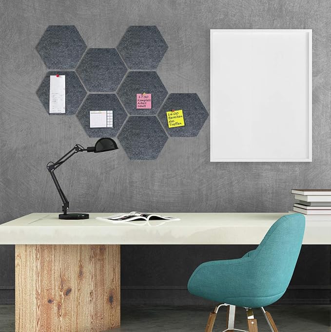 Felt Hexagon Bulletin Board with 20 Push Pins, Pack of 8 Notice Boards for Home Office Kitchen, Push Pin Board Felt Wall Tiles for Photos Memos