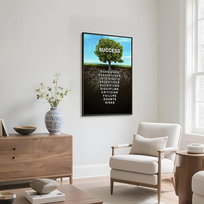 Framed Success Tree Canvas Print Art Modern Wall Art Painting Elegant Pictures Motivational Tree Root Wall Decor Home Decor Office Apartment Wall Decoration (Black Framed,12L x16W)