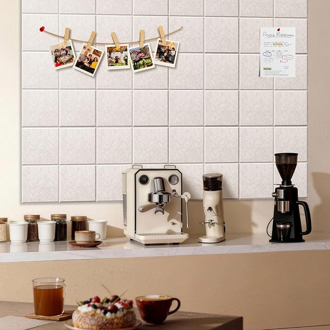 MISSDAY Oatmeal Acoustic Wall Panel Felt Bulletin Board 48" x 36" Cork Board for Wall, 12-Pack Boards with 72 Removable Adhesive Tabs, 50 Pins, Pin Board for Home Office Classroom Soundproof Wall Tile