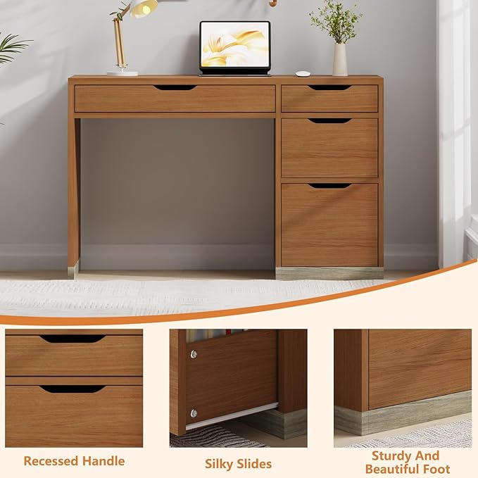 48 Inch Small Desk with 4 Drawers, Computer Desk with Storage File Drawer for Bedroom, Home Office Desk with Storage for Small Space, Brown