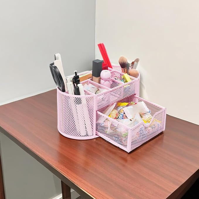 Desktop Organizer with Pencil Pen Holder and Accessories Offering 8 Compartments and 1 Drawer for Home, School and Office. (Cherry Blossom Pink)