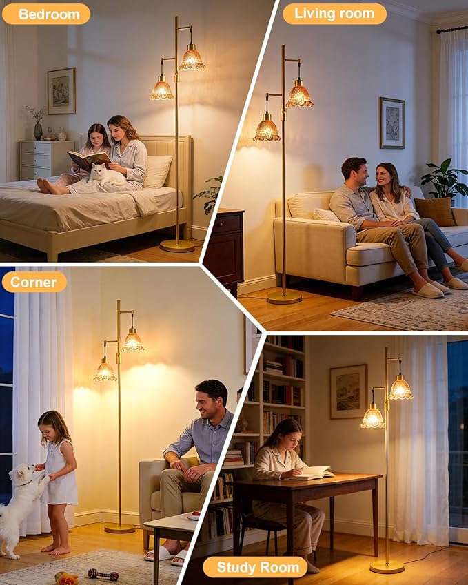 Lightdot 2- Light Gold Flower Floor Lamp for Living Room, 65IN Dimmable Floor Lamps with Rose Red Glass Shade&3000K Warm White Bulbs, Modern Standing Tall Lamp for Bedroom Office