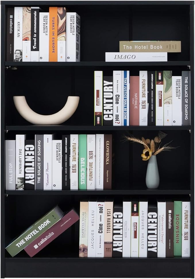 Farini Black Bookshelf for Bedroom 4 Shelf Office Bookcase 48 Inches Tall Modern Wood Bookshelf for Living Room 4 Tier Wide Manga Books