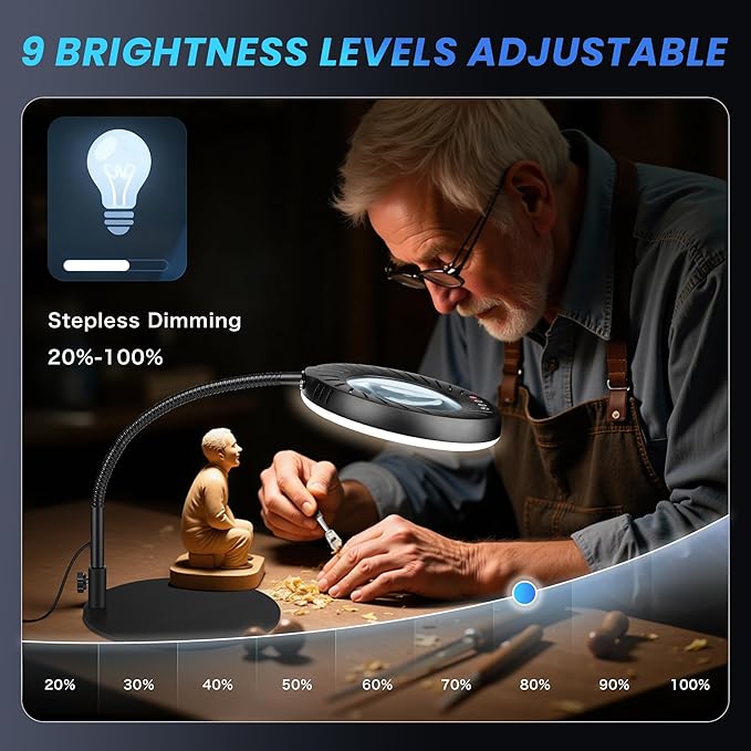 12X Magnifying Glass with Light and Stand, 144 LEDs Flexible Desktop Magnifying Lamp, 5 Color Modes 9 Dimmable Brightness, Metal Desk Magnifier Lamp for Craft Reading Painting Hobby Close Work