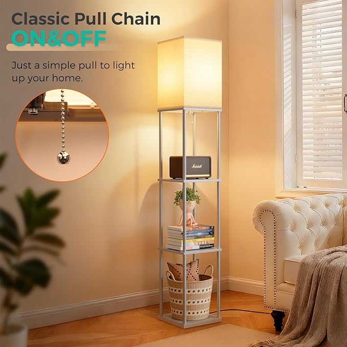 FOLKSMATE Floor Lamp with Shelves, 3-Tier Modern Square Bookshelf Floor Lamp, 3 Color Temperature Bulb Included, Floor Lamps for Living Room Bedroom Corner - Grey