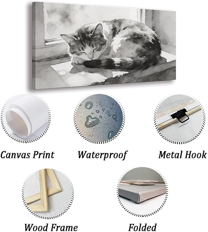 Black White Cat Framed Canvas Wall Art for Bedroom, Minimalist Animal Wall Decor 48" L x 24" W