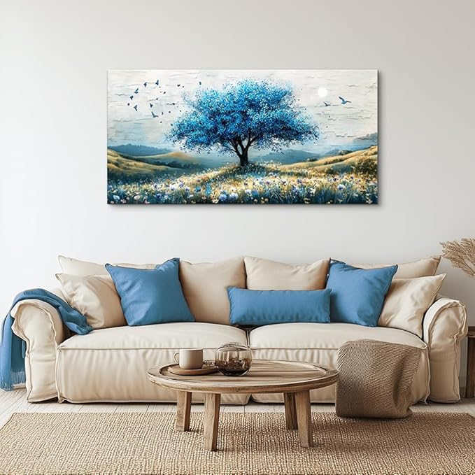 ZUITINGHUA Large Wall Decor For Living Room Canvas Wall Art For Office Modern Wall Decorations For Bedroom The Blue Tree Landscape Painting Farmhouse Pictures Artwork Room Home Decor 24x48 In