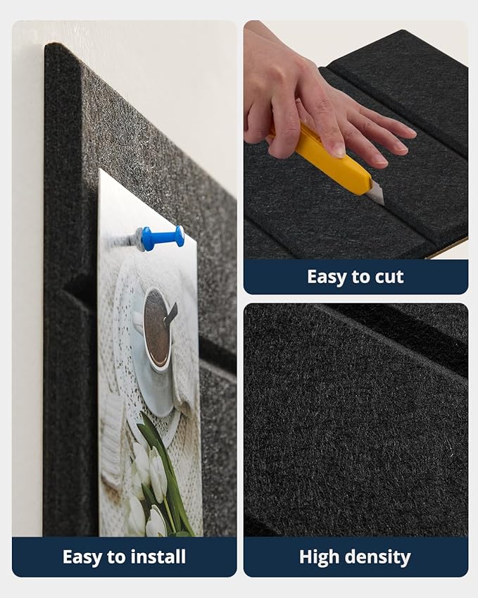 Large Cork Board, 12 Pack 12"X12"X0.4" Felt Bulletin Board Tiles with Self Adhesive for Wall Home Office Decor, Pin Cork Boards-Black