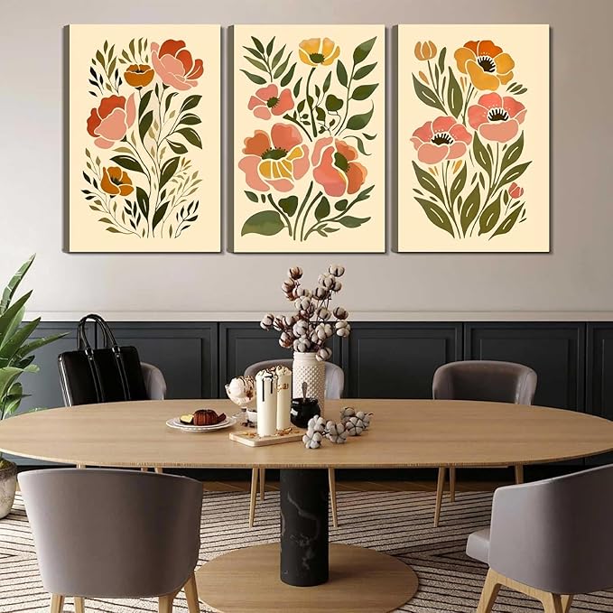 SFXYRTAH 3Pcs Boho Floral Canvas Wall Art Abstract Botanical Flower Prints Minimalist Plant Artwork for Living Room Bedroom Office Home Decor (12x16in canvas)