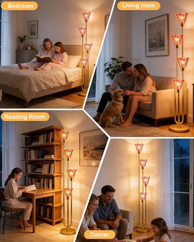 4-Light Modern Glass Floor Lamp, Gold Tall Standing Lamp with Pomegranate Red Flower Glass Shade, Dimmable LED Floor Lamp with Line Control for Living Room Bedroom, Bulb Included