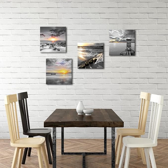 Bamdeya Black and White Gold Beach Wall Art Sea Sunrise Scenery Picture Canvas Print Framed Seascape Painting for Living Room Bathroom Wall Decor Home Decoration