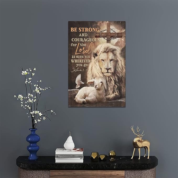 yerretin Lion Of Judah Wall Art Christian Bible Verses Pictures Wall Decor Religious Lamb Lion Canvas Painting Modern Home Artwork for Bathroom Bedroom Office Living Room Framed 16"x24"