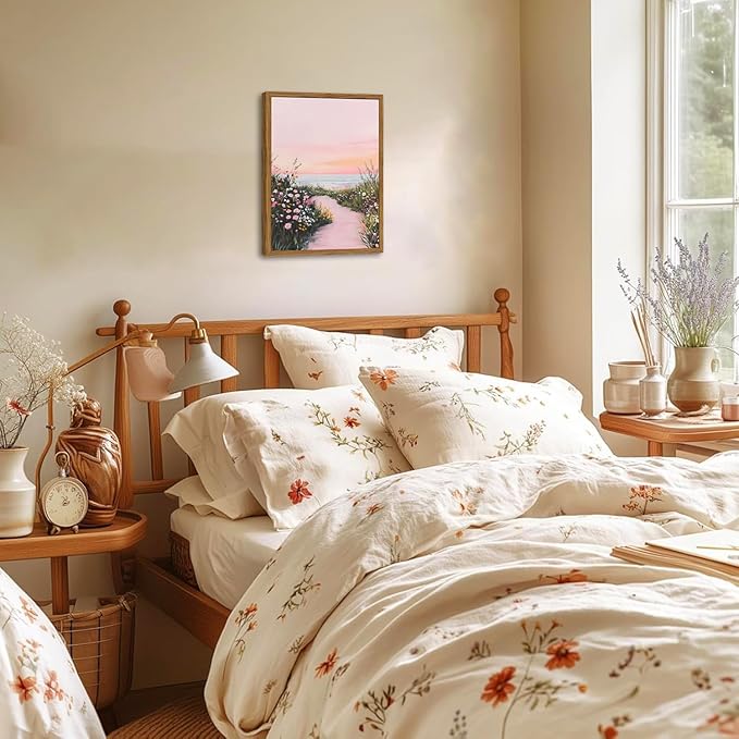Framed Vintage Landscape Wall Art, Pink Floral Coastal Pictures Wall Decor, Rustic Wildflower Nature Paintings Canvas Prints Home Decor Aesthetic for Living Room Bedroom Bathroom 16x24 inch