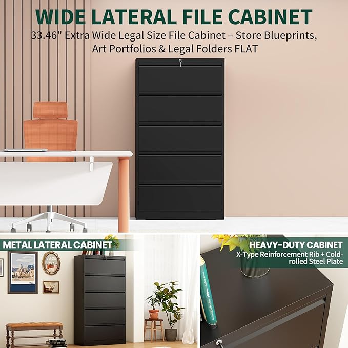 5 Drawer Lateral File Cabinet with Lock, Horizontal Metal File Cabinets for Home Office, Heavy Duty Large Filing Storage Cabinet, Steel Wide File Cabinet for Legal/A4/F4, Require Assembly-Black