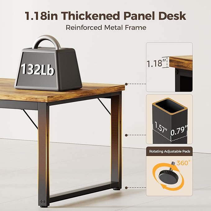 Mericonia 54 Inch Computer Desk with Power Outlets, 1.2" Thick Heavy Duty Industrial Office Desk, Modern Simple Study Writing Table for Home Office Bedroom Workstation, Brown