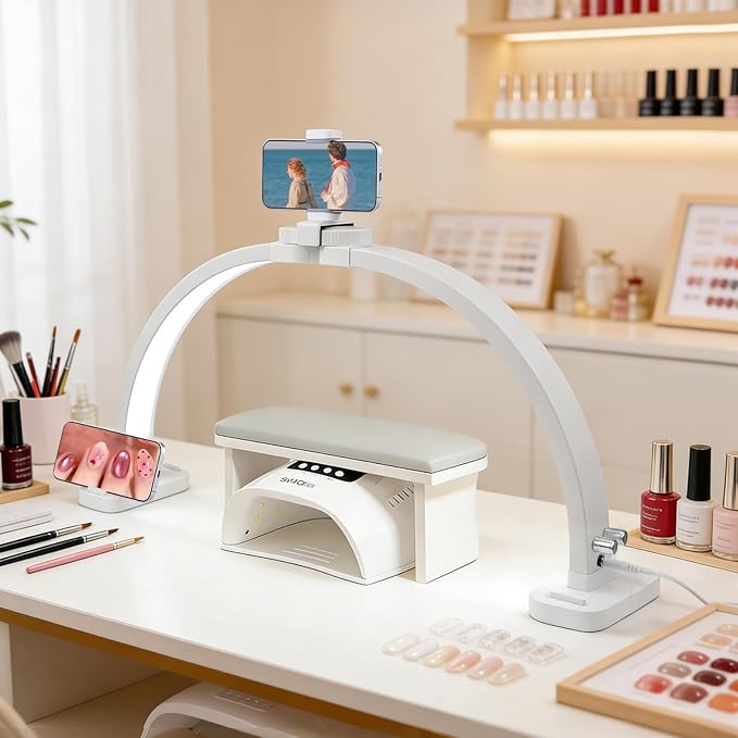 Half Moon Light for Nail Desk: 29" Half Moon Nail Tech Light with Phone Holder -Foldable Shadow-Free Arch Nail Table Lamp with with 3 Color Modes & 10 Brightness for Manicure Salon (White, 29 inch)