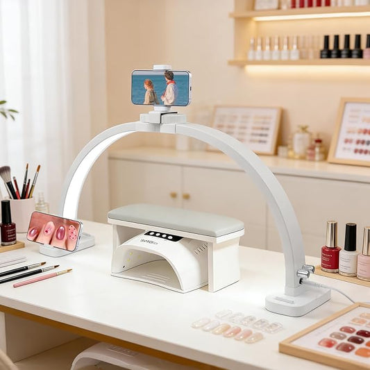 Half Moon Light for Nail Desk: 29" Half Moon Nail Tech Light with Phone Holder -Foldable Shadow-Free Arch Nail Table Lamp with with 3 Color Modes & 10 Brightness for Manicure Salon (White, 29 inch)