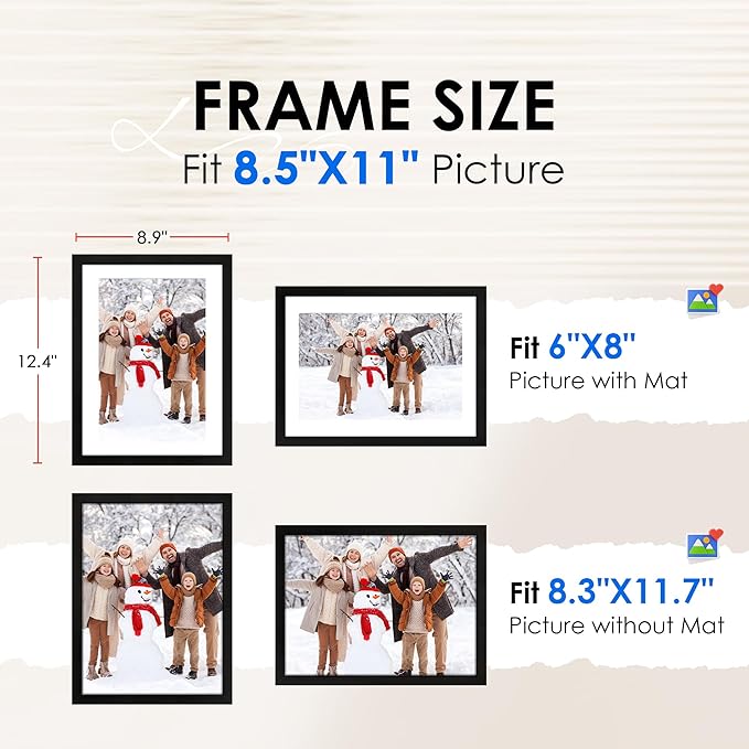 FIXSMITH A4 Picture Frame Set of 4, Photo Frame with HD Plexiglass, Display Pictures 6x8 with Mat or 8.3x11.7 Without Mat, Black Picture Frames Collage Wall Decor, Gallary Wall Frame