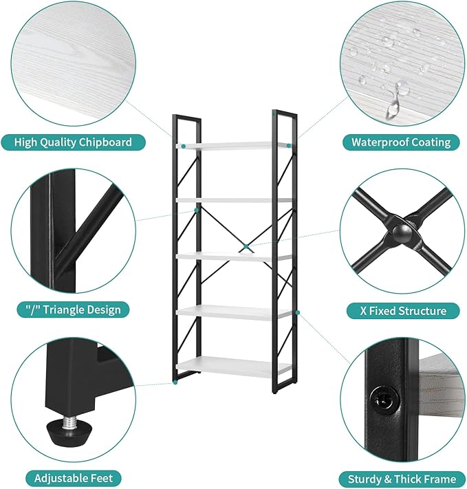 YITAHOME 5 Tiers Bookshelf, Classically Modern White Bookshelf, Book Rack, Storage Rack Shelves in Living Room/Home/Office, Books Holder Organizer for Books/Movies, Black & White