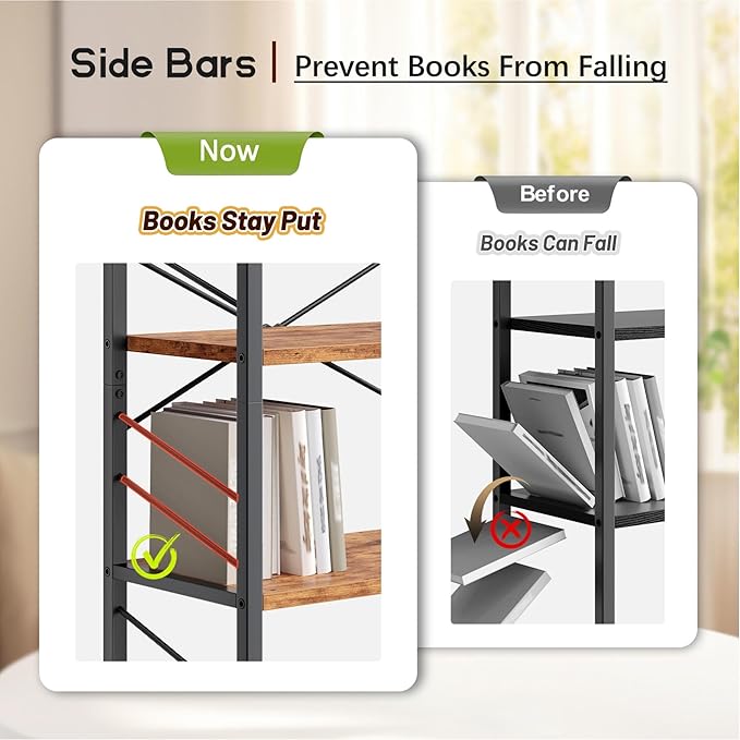 Book Shelf, Industrial 5 Tier Tall Bookshelf, Modern Display Storage Shelves with Metal Frame and Sidebars, Bookcase for Bedroom, Living Room and Home Office, Rustic Brown