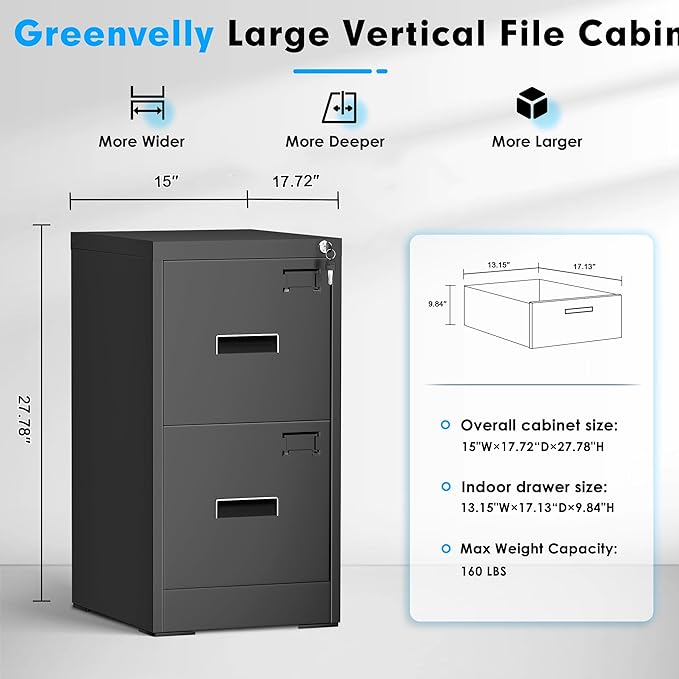 Pataku 2 Drawer File Cabinet with Lock, Sturdy Metal Vertical Filing Cabinets for Home Office, Under Desk Paperwork Storage Fully Extendable Slides Letter Legal A4 Size 18x15x28 Inches, Black