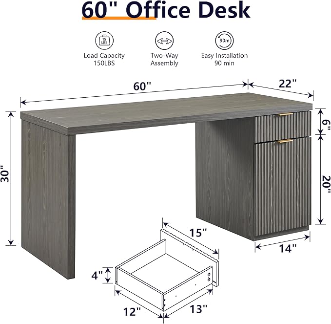 JXQTLINGMU 60" Modern Executive Desk with Storage, Wood Home Office Desk with Drawer & Cabinet, Fluted Computer Writing Desk for Study, Living Room, Bedroom, Grayish Green