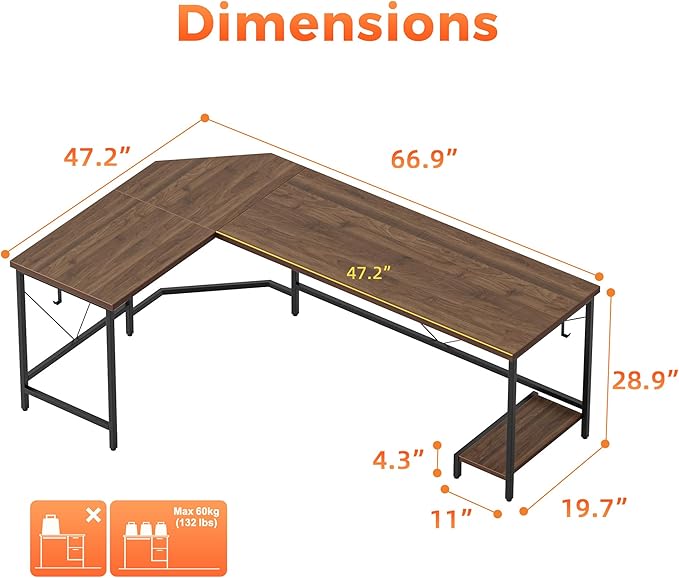 Mericonia 66 inch Large L Shaped Desk, Simple Corner Gaming Desk with CPU Stand & Hooks, Computer Desk for Home, Bedroom & Office Workspace, Walnut
