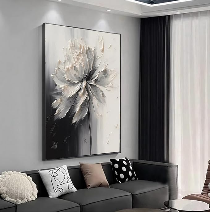 Hand Painted White And Black Flower Canvas Wall Art for Living Room,Large Framed Floral Oil Painting for Bedroom, Modern 3D Floral Artwork Wall Decor for Office Home Decor 28" x 40"