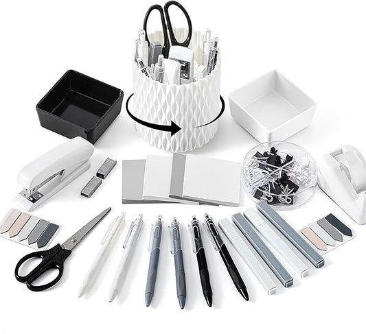 Kosiz 27 Pcs Black and White Desk Accessories Gift for Aesthetic Desk Organizer White Office Supplies Pen Holder Sticky Notes Stapler Binder/paper Clips Scissor Staple for Women(Classics)