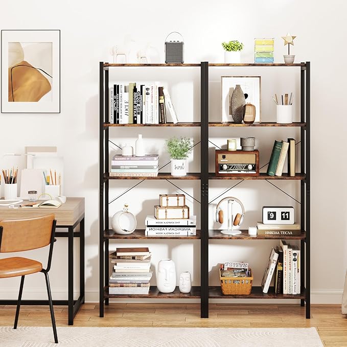 Giantex 5-Tier Industrial Bookshelf, 63.5" Tall Open Storage Organizer Shelves with Anti-Tipping Device and Foot Pads, Steel Frame Bookcase Display Rack for Living Room, Bedroom, Office, Brown