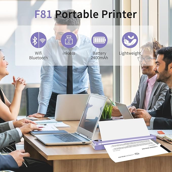Rongta Portable Printer, Bluetooth Inkless Thermal Printer Wireless for Travel, Compatible with Android iOS Phone & Laptop, Supports 8.5" X 11" US Letter for Office, Home, Car, F81 (Purple)