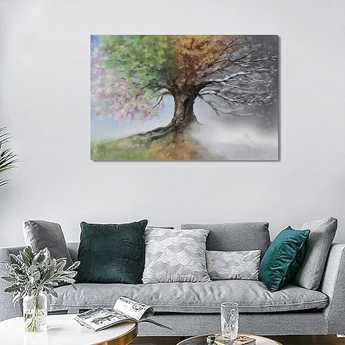 Tree of Life Wall Art Four Season Trees Pictures Decor Rustic Nature Canvas Country Painting Modern Artwork Home Decorations for Bathroom Living Room Bedroom Office Framed 24"x16"