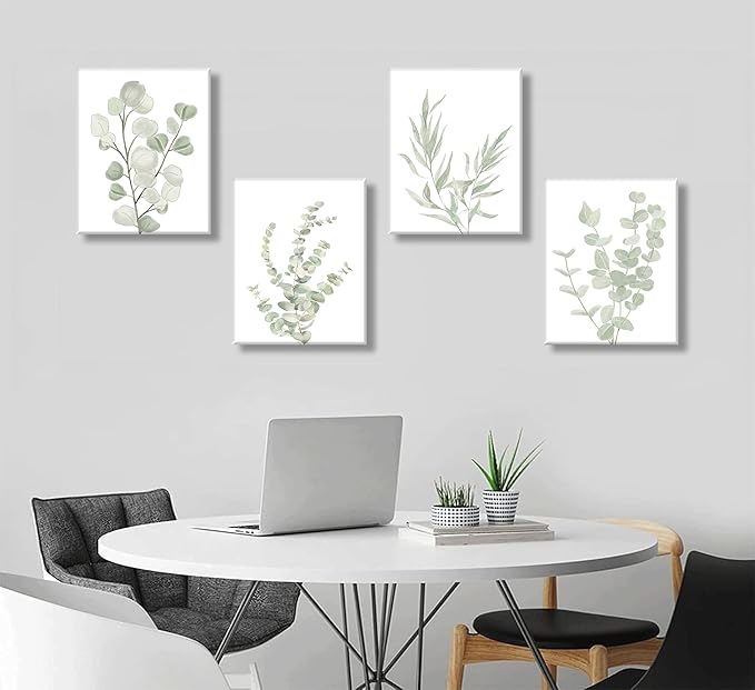 4pcs Sage Green Boho Wall Art Eucalyptus Posters Green plants Canvas Minimalist Plant Painting Modern Farmhouse prints Flower Leaves Prints Wall Decor framed