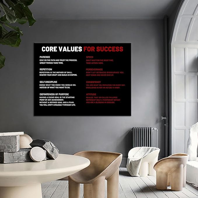 Motivational Wall Art Core Values for Success Inspirational Entrepreneur Quotes Poster Print Artwork for Living Room Office Workplace Wall Decoration Framed Ready to Hang [40''Wx 30''H]