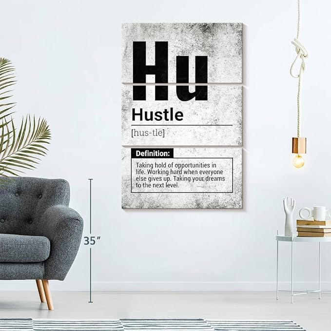Elephant Stock - Hustle Definition Grunge Wall Art - Vertical Multi Panel Canvas - 3 Piece Living Room Wall Decor - Digital Art Inspirational And Typography Multi Piece Wall Art - Black And Gray Decor - 42" x 65"
