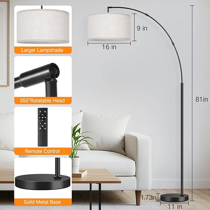 OUTON 81" Arc Floor Lamp, 12W 1080LM LED Dimmable Floor Lamp with 16" Beige Lampshade, Remote Control & Foot Switch, 4 Colour Temperatures, Tall Standing Lamp for Living Room Bedroom Office, Black