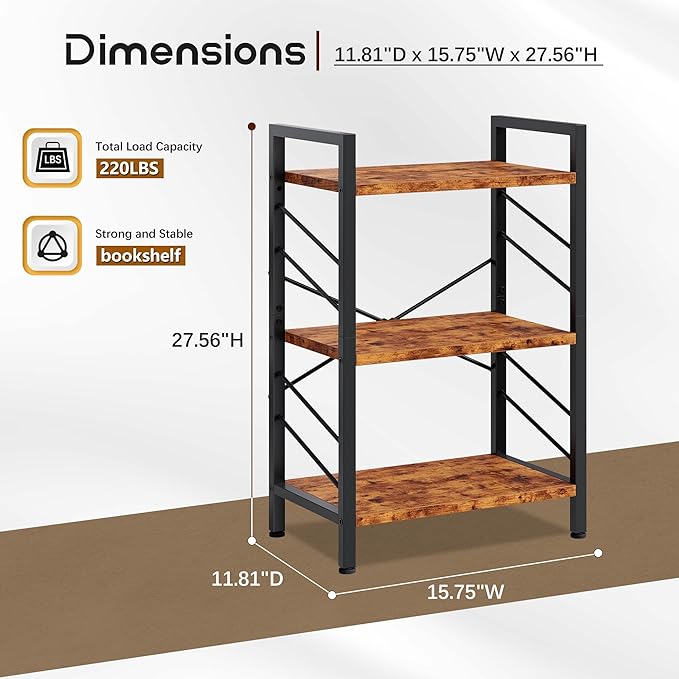 Book Shelf, Industrial 3 Tier Small Bookshelf, Bookcase with Metal Frame and Sidebars, Storage Shelves for Bedroom, Home Office and Living Room, Rustic Brown