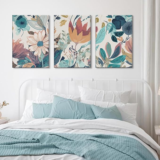 TUEASKY 3 Piece Canvas Wall Art Flower Wall Decor Botanical Pictures Floral Paintings Watercolor Prints Boho Artwork for Bedroom Bathroom Living Room